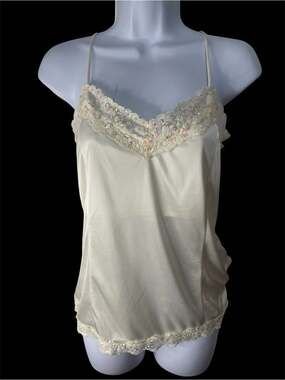 Cream Vintage Y2K Satin Lace Fairy Romantic Sequin Camisole size Large